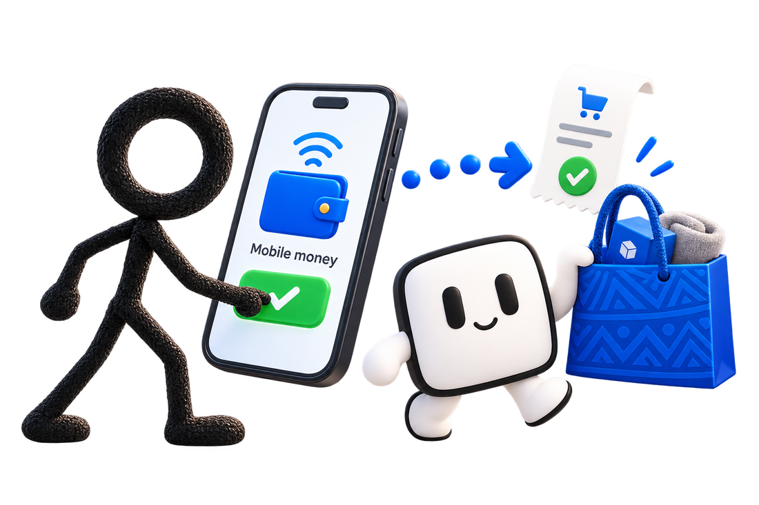 An approval being tapped on a phone, followed by a receipt and a shopping bag