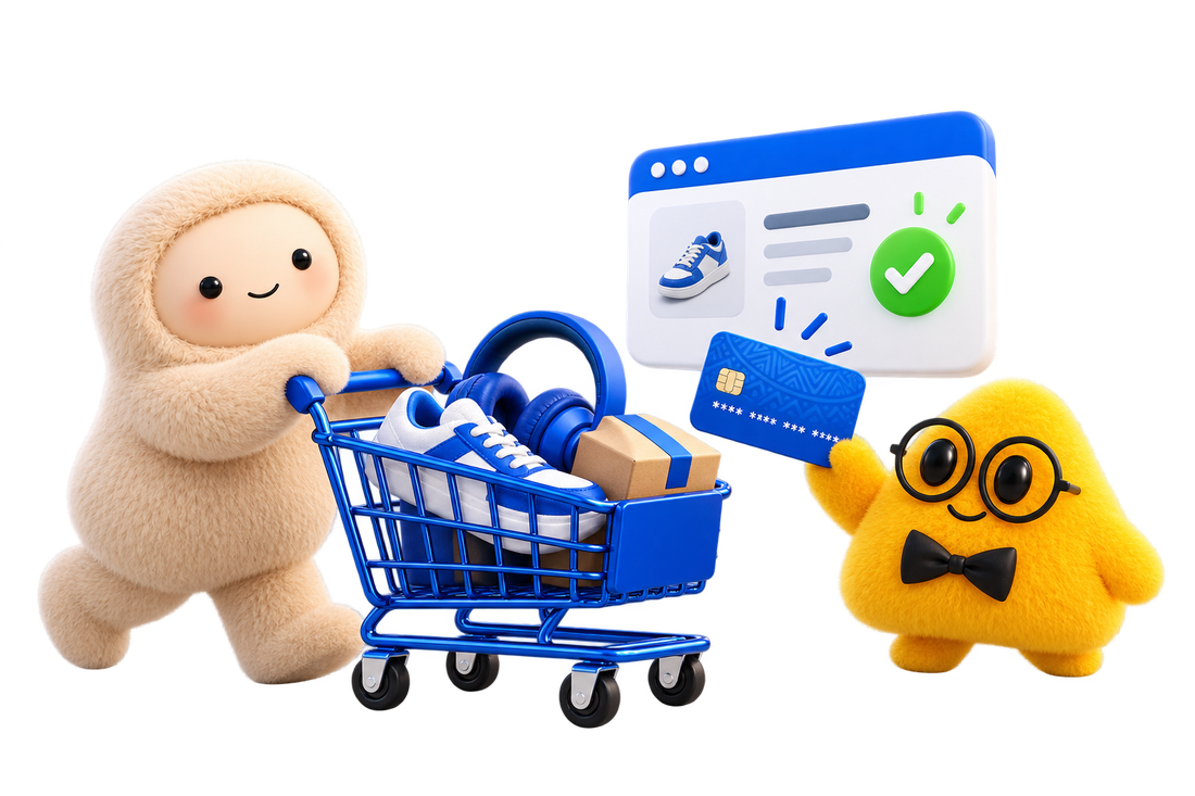 Two agent characters shopping with a cart and paying with a blue card