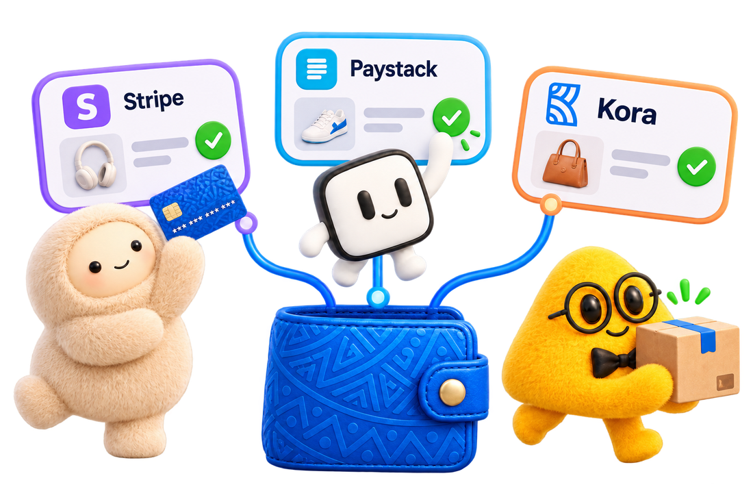 Agents paying at three merchant checkouts from one blue wallet